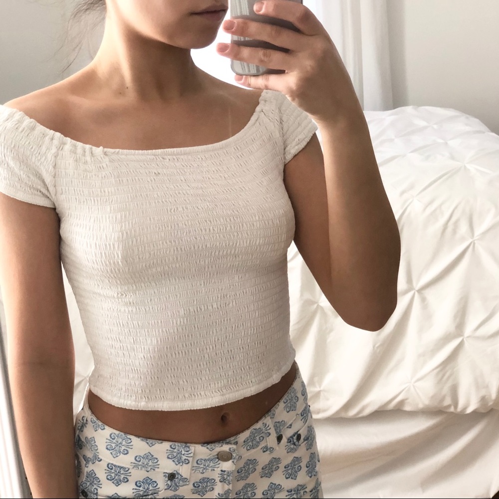 Brandy Melville Ruched White Off the Shoulder Top
